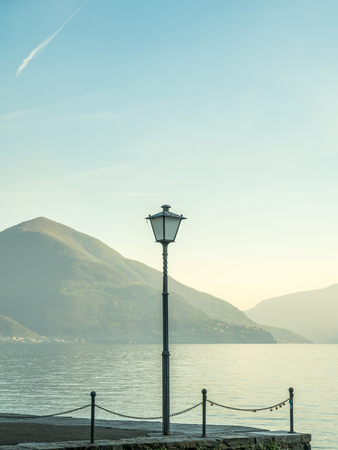 Outdoor scene view side of Lake Maggiore with light pole in Locarno, Switzerlandの写真素材