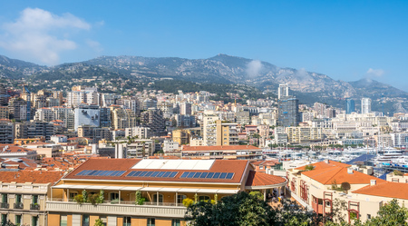 MONACO - APRIL 8 : Cityscape of skyscraper buildings and coastline in Monaco, Monaco, on April 8, 2017. Monaco is the second smallest and the most densely populated country in the world.のeditorial素材