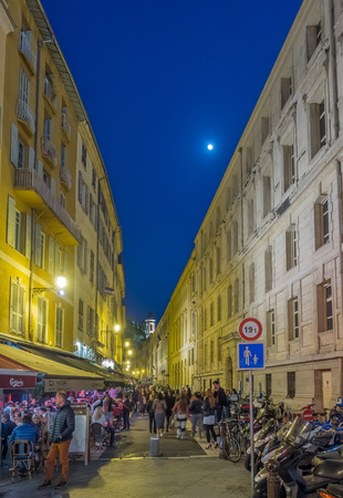 NICE - APRIL 8 : Walking road in Nice under twilight evening sky, France, on April 8, 2017.のeditorial素材