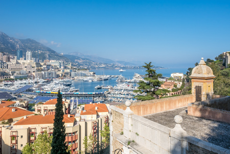 MONACO - APRIL 8 : Cityscape of skyscraper buildings and coastline in Monaco city, Monaco, on April 8, 2017. Monaco is the second smallest and the most densely populated country in the world.のeditorial素材