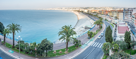 Panorama view of cityscape of Nice along Mediterranean sea in France, under morning lightのeditorial素材