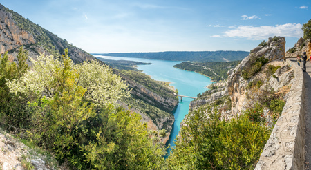 Viewpoint of entrance of  Lake of Sainte-Croix, man-made construction lake, in Alpes-de-Haute-Provence in Franceの写真素材