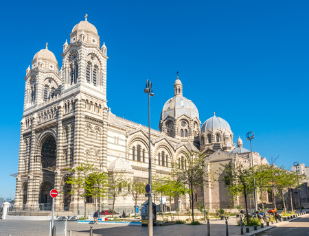MARSEILLE - APRIL 11 : Marseille cathedral, one of the largest cathedral in France, Byzantine-Roman style catholic church, located on old port of Marseillesのeditorial素材