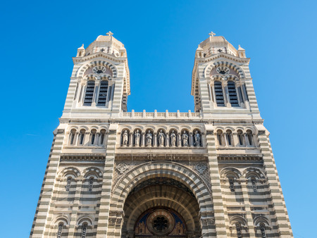 Marseille cathedral, one of the largest cathedral in France, Byzantine-Roman style catholic church, located on old port of Marseillesの写真素材