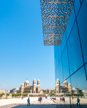 MARSEILLE - APRIL 11 : Marseille cathedral and mirror reflection at Museum of European and Civilization in Marseille, France, on April 11, 2017.のeditorial素材