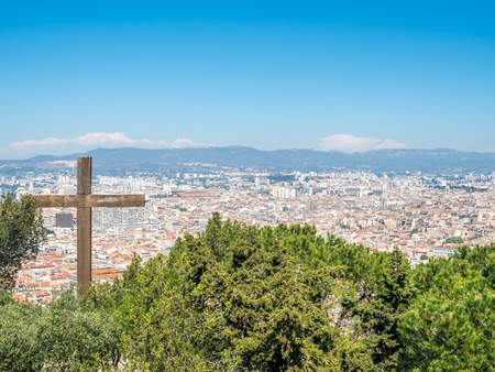 Cityscape landmark viewpoint of Marseille under clear blue sky in Franceの写真素材