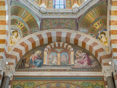 MARSEILLE - APRIL 11 : Interior architecture of Basilica of Our Lady of the Guard catholic church (Notre-Dame de la Guard) with unique design architecture inside,  Marseille, France, on April 11, 2017.のeditorial素材