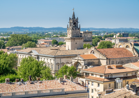 View of Avignon city from roof top of Papal palace (Palais des Papes) under clear blue sky in Avignon, Franceの写真素材