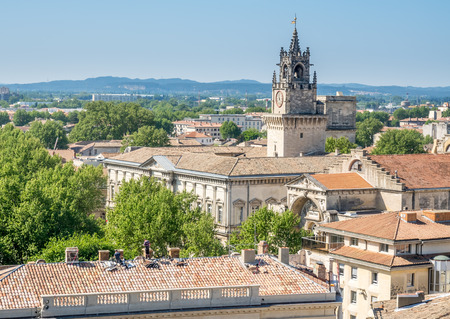 View of Avignon city from roof top of Papal palace (Palais des Papes) under clear blue sky in Avignon, Franceの写真素材