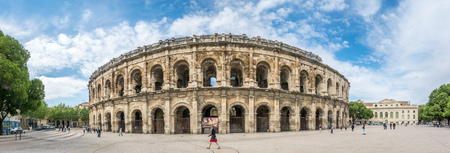 NIMES, FRANCE - APRIL 11 : Panoramic view of exterior architecture of Arena of Nimes, the ancient Roman amphitheater, in France, on April 11, 2017.のeditorial素材
