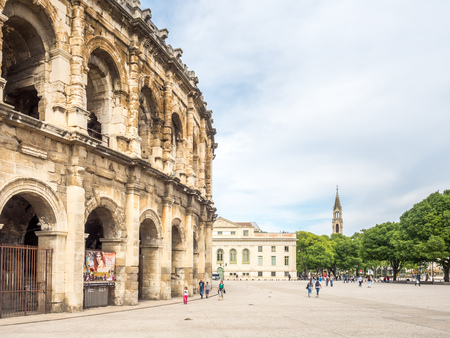 NIMES, FRANCE - APRIL 11 : Exterior architecture of Arena of Nimes, the ancient Roman amphitheater, in France, on April 11, 2017.のeditorial素材