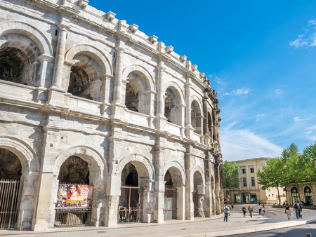 NIMES, FRANCE - APRIL 11 : Exterior architecture of Arena of Nimes, the ancient Roman amphitheater, in France, on April 11, 2017.のeditorial素材