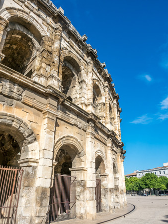 Exterior architecture of Arena of Nimes, ancient Roman amphitheater, in Franceのeditorial素材