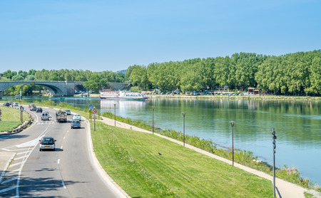 AVIGNON, FRANCE - APRIL 12 : Traffic and road status with vehicles view from Pont d'Avignon along Rhone river in Avignon, France, on April 12, 2017.のeditorial素材
