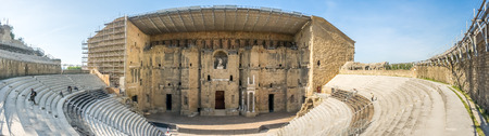 ORANGE, FRANCE - APRIL 12 : Panoramic view distortion of Roman Theater of Orange, one of the best preserved Roman theater, located in Orange city, France, on April 12, 2017.のeditorial素材