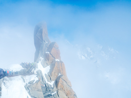 Viewpoint around top of Mont Blanc mountain peak, highest peak of Europe, in Chamoix Mont-Blanc town, with freeze snow view and cold climate, in Franceの写真素材