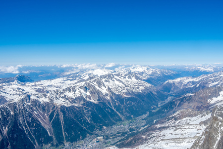 Viewpoint around top of Mont Blanc mountain peak, highest peak of Europe, in Chamoix Mont-Blanc town, with freeze snow view and cold climate, in Franceの写真素材