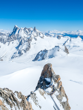Viewpoint around top of Mont Blanc mountain peak, highest peak of Europe, in Chamoix Mont-Blanc town, with freeze snow view and cold climate, in Franceの写真素材