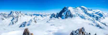 Panorama view around top of Mont Blanc mountain peak, highest peak of Europe, in Chamoix Mont-Blanc town, Franceの写真素材