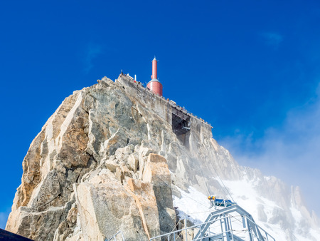 Viewpoint around top of Mont Blanc mountain peak, highest peak of Europe, in Chamoix Mont-Blanc town, with freeze snow view and cold climate, in Franceの写真素材