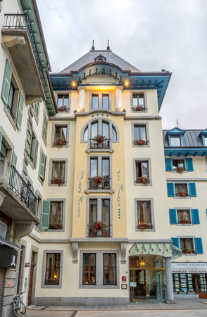 CHAMONIX-MONT-BLANC, FRANCE - APRIL 15 : Buildings in Chamonix-Mont-Blanc town in France, one of the oldest ski resort town, on April 15, 2017.のeditorial素材