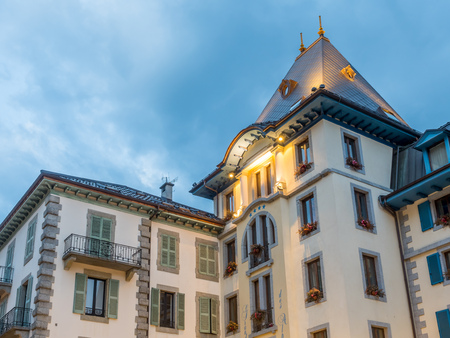 Architecture building in Chamonix Mont Blanc town, one of the oldest ski resort in France, outstanding with unique designのeditorial素材