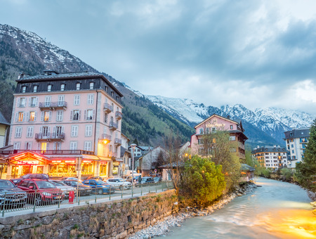 CHAMONIX-MONT-BLANC, FRANCE - APRIL 15 : Scene in Chamonix-Mont-Blanc town in France, one of the oldest ski resort town, with tourists walk in town in evening twilight time, on April 15, 2017.のeditorial素材