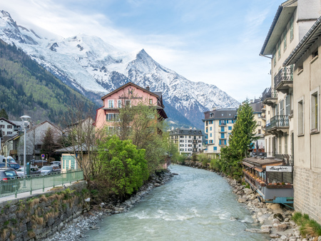CHAMONIX-MONT-BLANC, FRANCE - APRIL 15 : Scene in Chamonix-Mont-Blanc town in France, one of the oldest ski resort town, with tourists walk in town in evening twilight time, on April 15, 2017.のeditorial素材