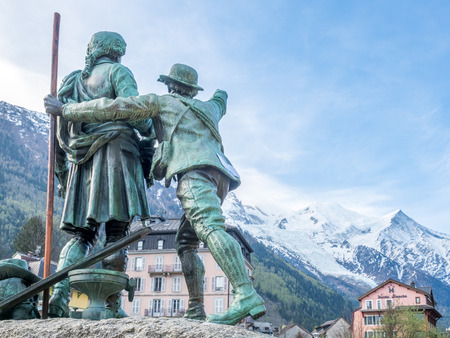 CHAMONIX-MONT-BLANC, FRANCE - APRIL 16 : Monument of Saussure and Balmat at Chamonix Mont Blanc, France, point to peak of Mont Blanc mountain, was taken on April 16, 2017.のeditorial素材