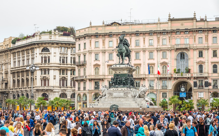 MILAN, ITALY - APRIL 15 : Piazza del Duomo, or Cathedral square, with Monument of King Victor Emmanuel II ride the horse, center of Milan, Italy, was taken on April 15, 2017のeditorial素材