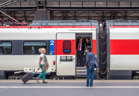 MILAN, ITALY - APRIL 15 : Scene at platform with train in Milan central train station, Italy, on April 15, 2017.のeditorial素材