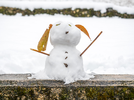 Cute snowman, doll made from snow, in outdoor park of Shirakawa village, Japanの写真素材