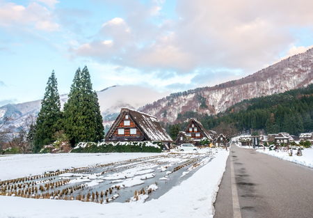 GIFU, JAPAN - NOVEMBER 25 : Gassho-zukuri unique architecture house in Shirakawa village, the UNESCO world heritage place, with snow in early winter season in Gifu, Japan, on November 25, 2017.のeditorial素材