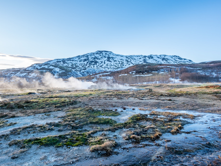 The Great geysir, periodically spouting hot spring, natural phenomenon and one of landmark in Icelandの写真素材