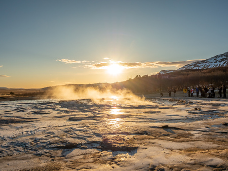 The Great geysir, periodically spouting hot spring, natural phenomenon and one of landmark in Icelandの写真素材