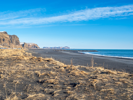 Reynisfjara black sand beach is landmark of Vik town in Iceland, surrounded with basalt mountains, under blue sky in winter seasonの写真素材