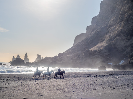 Reynisfjara black sand beach is landmark of Vik town in Iceland, surrounded with basalt mountains, with three riding horses on the beachの写真素材