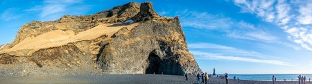 VIK, ICELAND - MARCH 3 : Panoramic view of basalt rock mountain and Reynisfjara black sand beach in Vik town, landmark of Iceland, on March 3, 2018.のeditorial素材