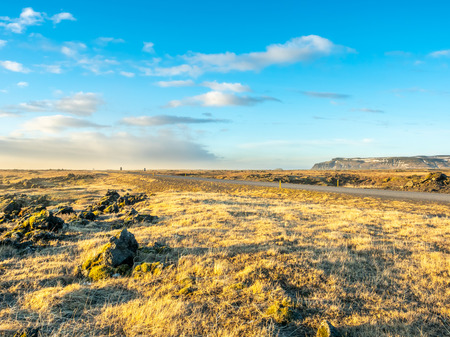 Natural scene with morning mist, field, mountains and cloudy blue sky in rural area in Icelandの写真素材