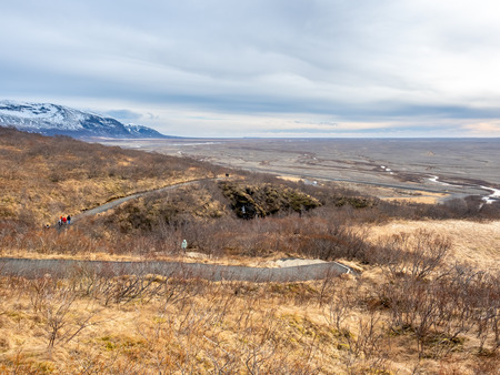 Landscape view in Skaftafell national park, near Svartifoss waterfall in winter season under cloudy sky in Icelandの写真素材