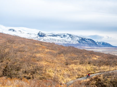 Landscape view in Skaftafell national park, near Svartifoss waterfall in winter season under cloudy sky in Icelandの写真素材