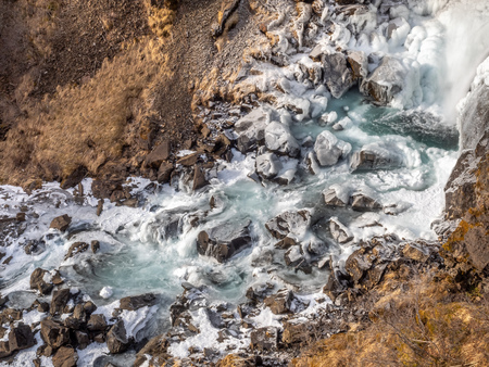 Hundafoss waterfall near Svartifoss in winter season with frozen river, one of destination landmark in Icelandの写真素材