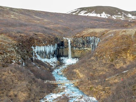 Svartifoss waterfall, one of unique landmark in Iceland, located in Vatnajokull national park, like oasis in black larva sand plain, water freeze in winter seasonの写真素材