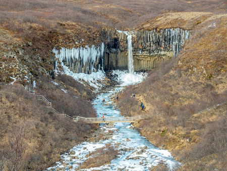 Svartifoss waterfall, one of unique landmark in Iceland, located in Vatnajokull national park, like oasis in black larva sand plain, water freeze in winter seasonの写真素材