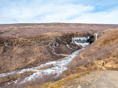 Svartifoss waterfall, one of unique landmark in Iceland, located in Vatnajokull national park, like oasis in black larva sand plain, water freeze in winter seasonの写真素材