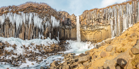 Svartifoss waterfall, one of unique landmark in Iceland, located in Vatnajokull national park, like oasis in black larva sand plain, water freeze in winter seasonの写真素材