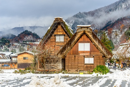 GIFU, JAPAN - NOVEMBER 26 : Gassho-zukuri house unique architecture in Shirakawa village, the UNESCO World heritage place, in early winter season in Gifu, Japan, on November 26, 2017.のeditorial素材