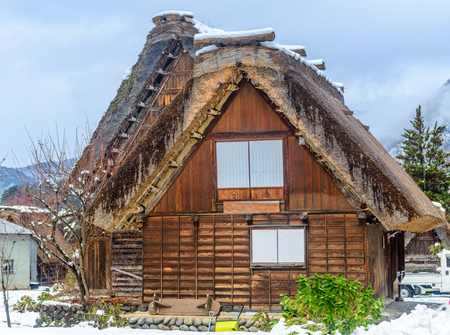 GIFU, JAPAN - NOVEMBER 26 : Gassho-zukuri house unique architecture in Shirakawa village, the UNESCO World heritage place, in early winter season in Gifu, Japan, on November 26, 2017.のeditorial素材