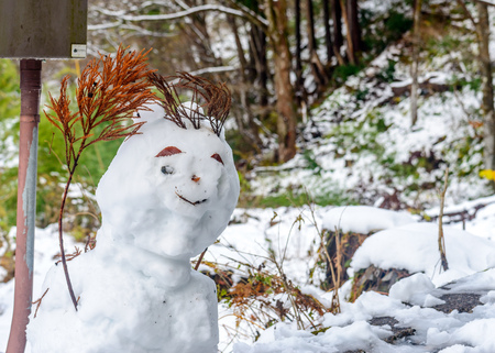 Hand made snowman, built with leaf and branch, at outdoor snow field in early winter season in Japanの写真素材