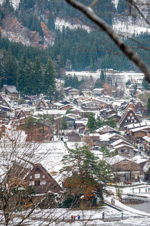 GIFU, JAPAN - NOVEMBER 26 : Gassho-zukuri house unique architecture in Shirakawa village, the UNESCO World heritage place, in early winter season in Gifu, Japan, on November 26, 2017.のeditorial素材